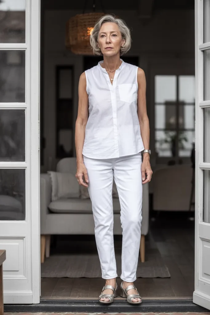 White Sleeveless Top with White Jeans