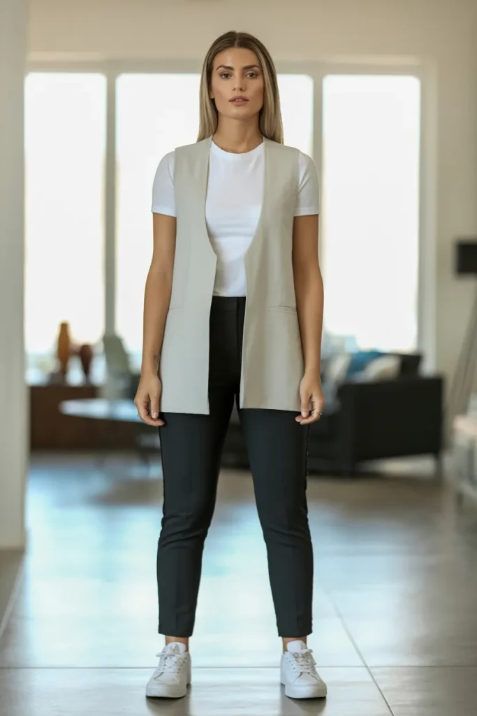 White T Shirt with Black Pant Over Vest