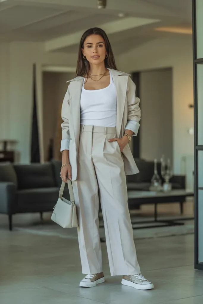 White Tank Top with Trousers Over a Matching Jacket and Sneakers