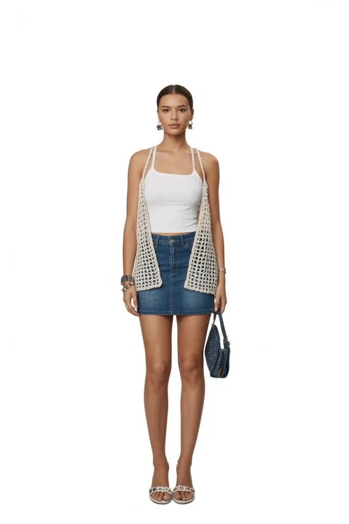 White Tank Tube Top Over Crochet Vest Top
