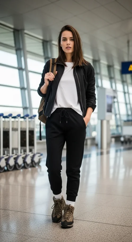 White Top Black Jogger Over Premium Jacket and Hiking Boots