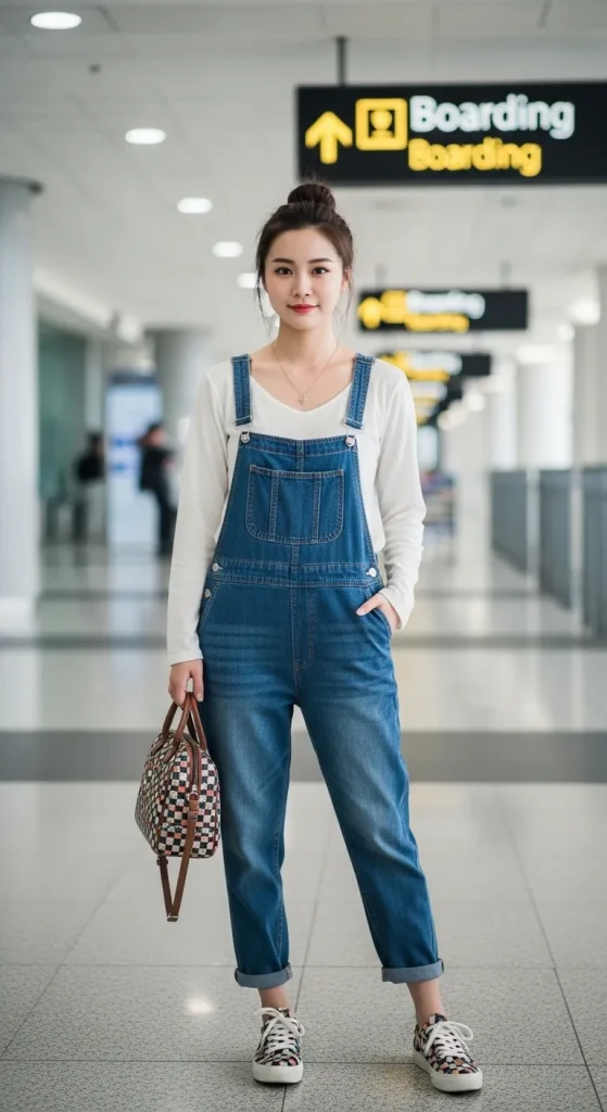 White Top Over Dungarees with Sneakers