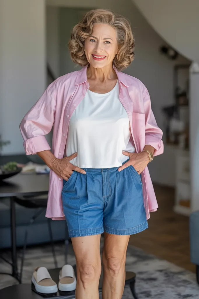 White Top with Denim Shorts Over Pink Button Down Shirt