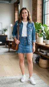 White Top with Denim Skirt Over Denim Jacket
