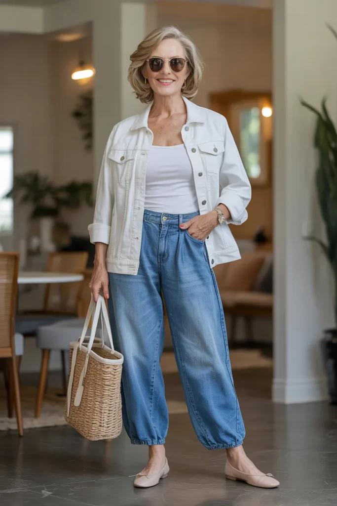 White Top with Loose Jeans Over White Denim Jacket and Ballet Flats