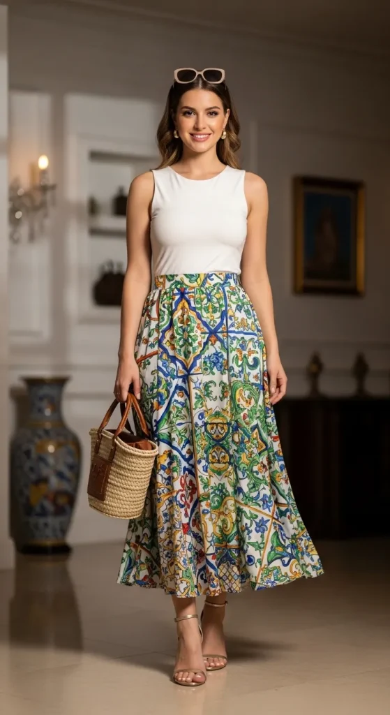 White Top with Multicolor Skirt for Italian Outfit 1