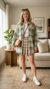 White Top with Skirt Over Shacket and Sneakers