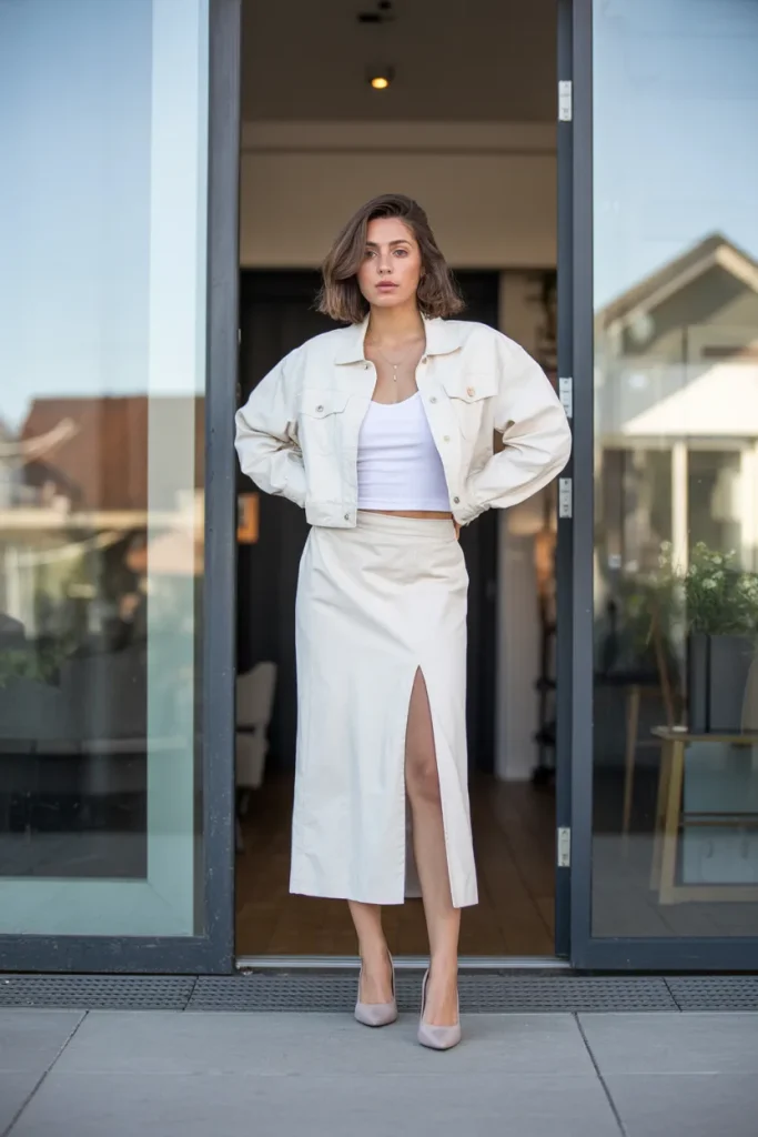 White Top with Slit Skirt Over Cropped Jacket with Pumps