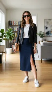 White Top with Slit Skirt Over Leather Jacket and Sneakers