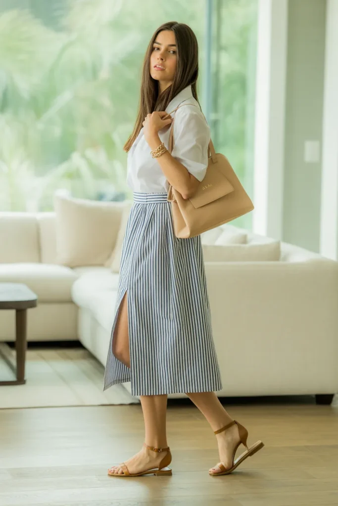 White Top with Stripe Slit Skirt and Flats Sandal