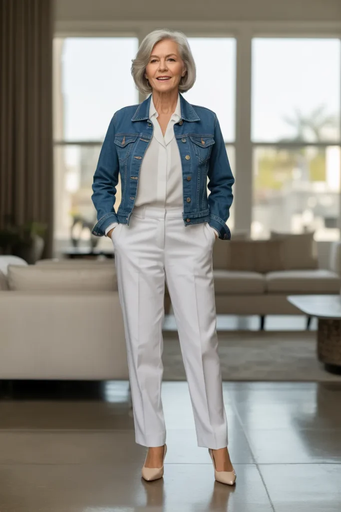 White Top with White Pants Over Denim Jacket and Pumps