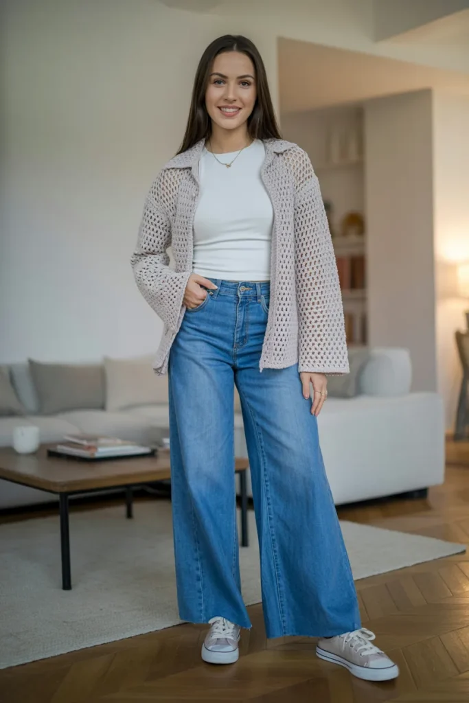 White Top with Wide Leg Jeans Over Crochet Jacket and Sneakers