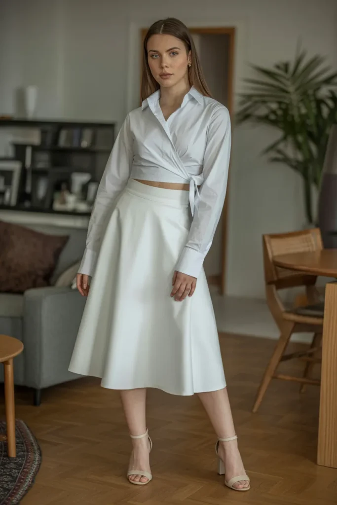 White Wrap Shirt with A Line Skirt