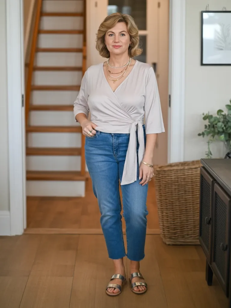Wrap Top with Ankle Jeans and Sandals
