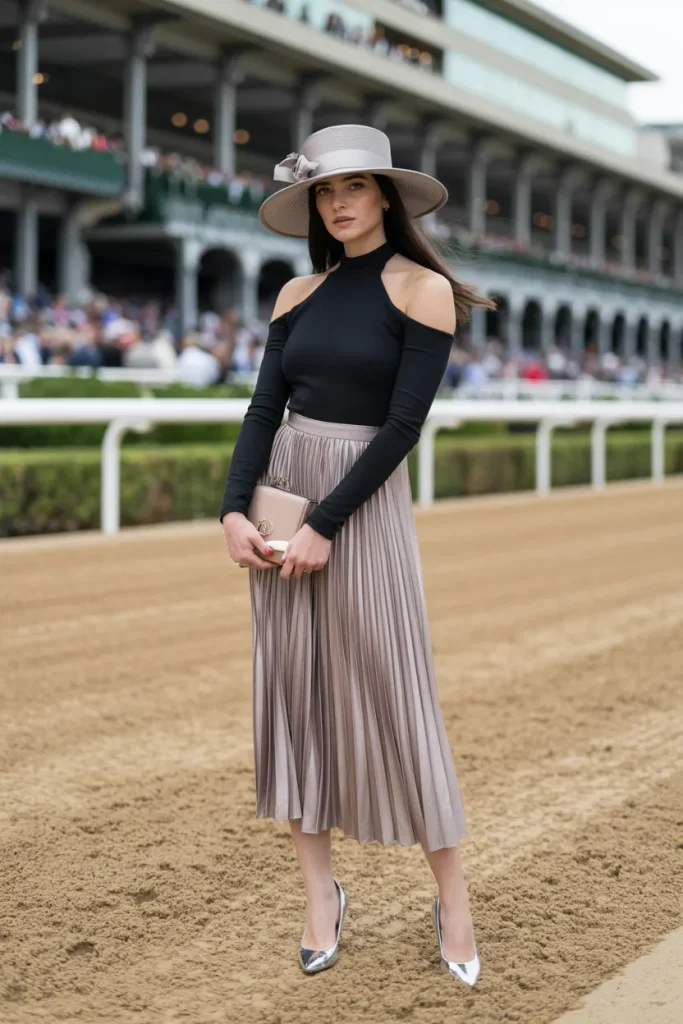 Black Cold Shoulder Top with Pleated Skirt and Pumps