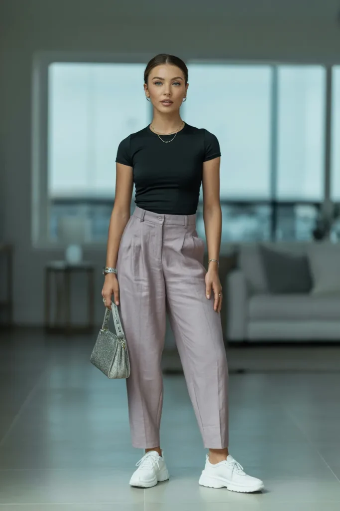Black Elegant Tee Linen Pant with Sports Shoes