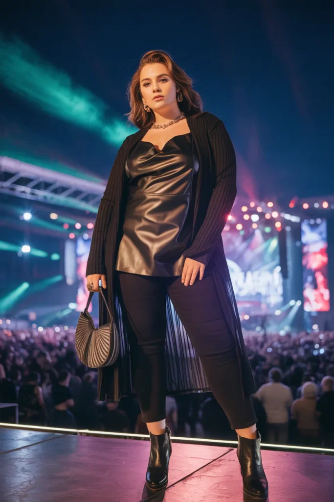Black Leather Top with Long Cardigan for Night Concert