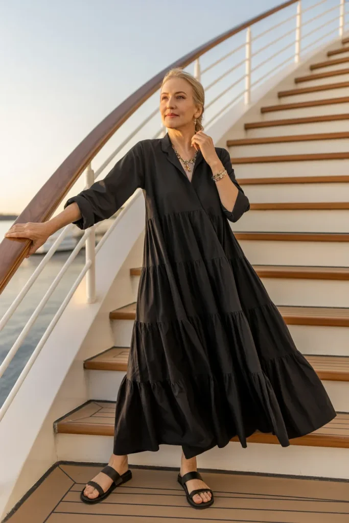 Black Long Tiered Dress with Flat Sandals
