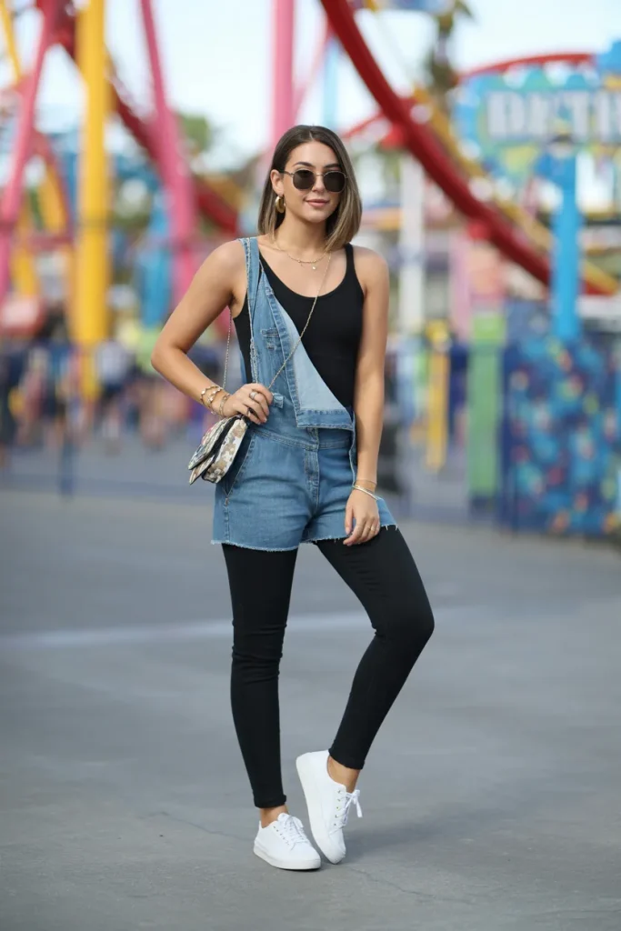 Black Skinny Jumpsuit Over Denim Dungaree with Sneakers