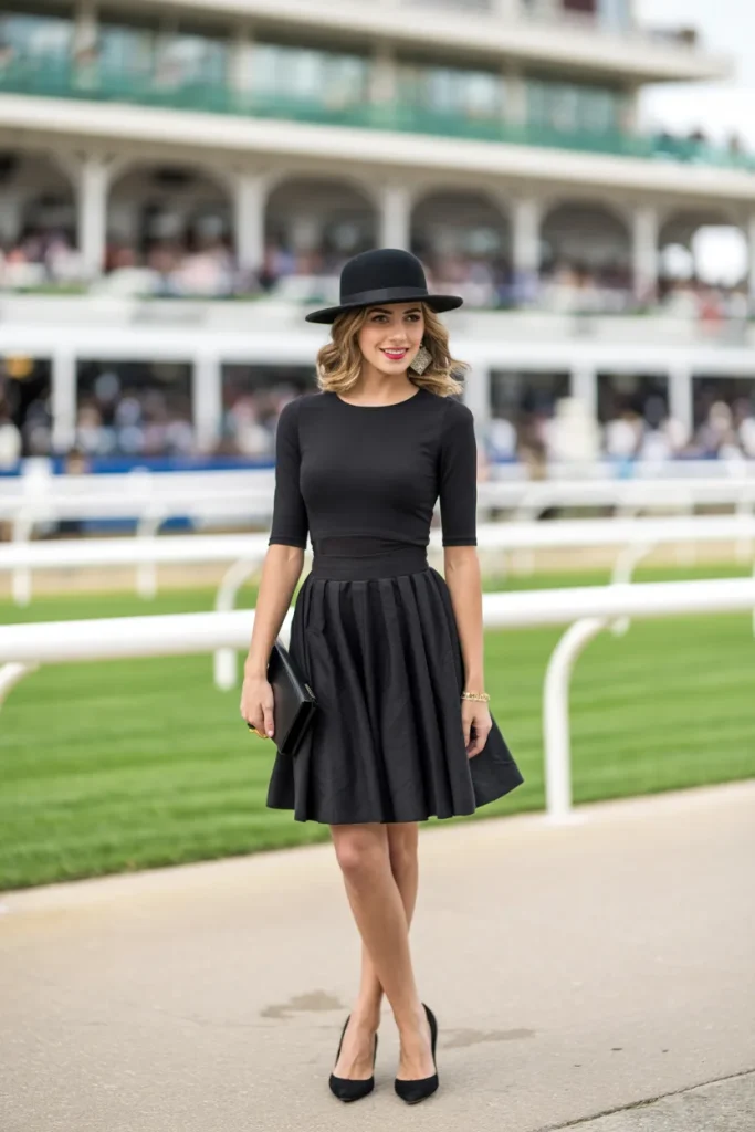 Black Skinny Top with Flowy Skirt and Pumps