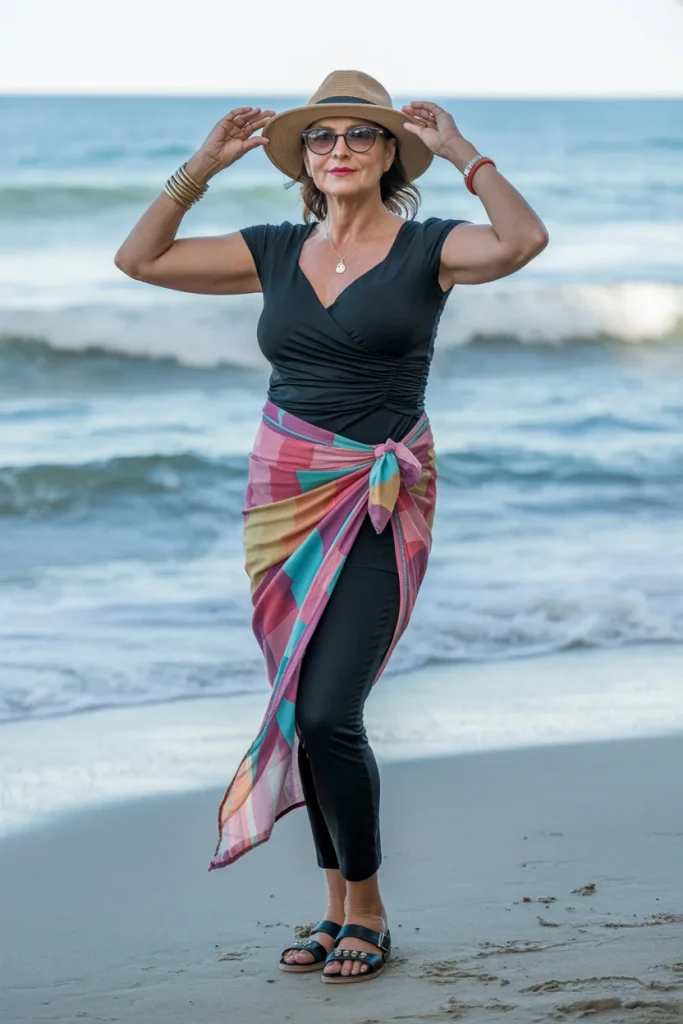 Black Skinny Top with Multi Color Sarong and Hat