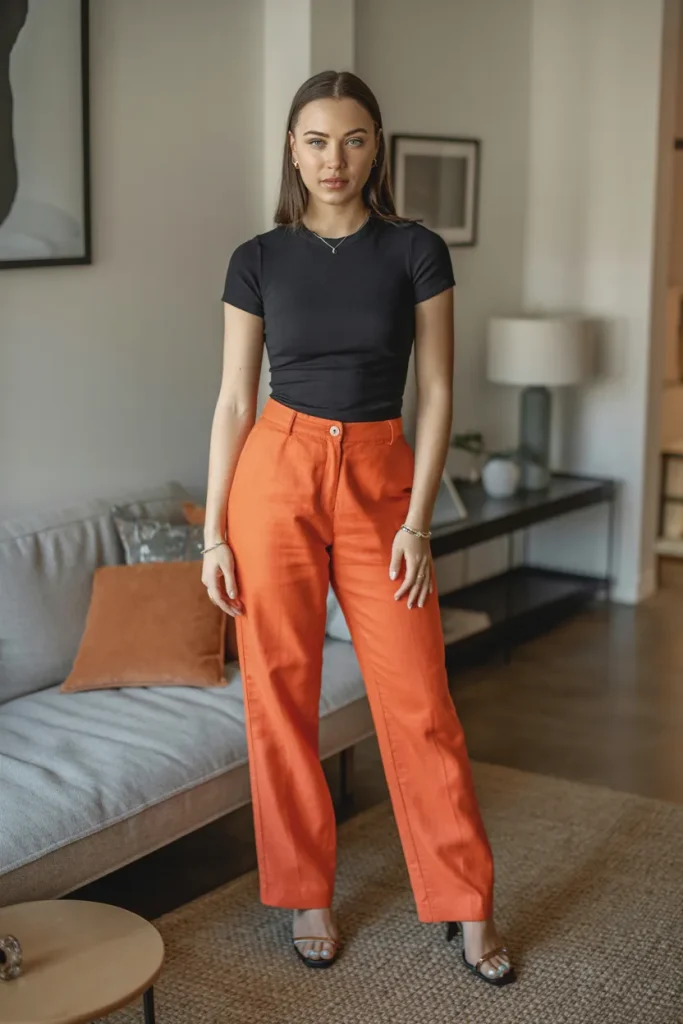 Black Skinny Top with Orange Straight Line Linen Pants