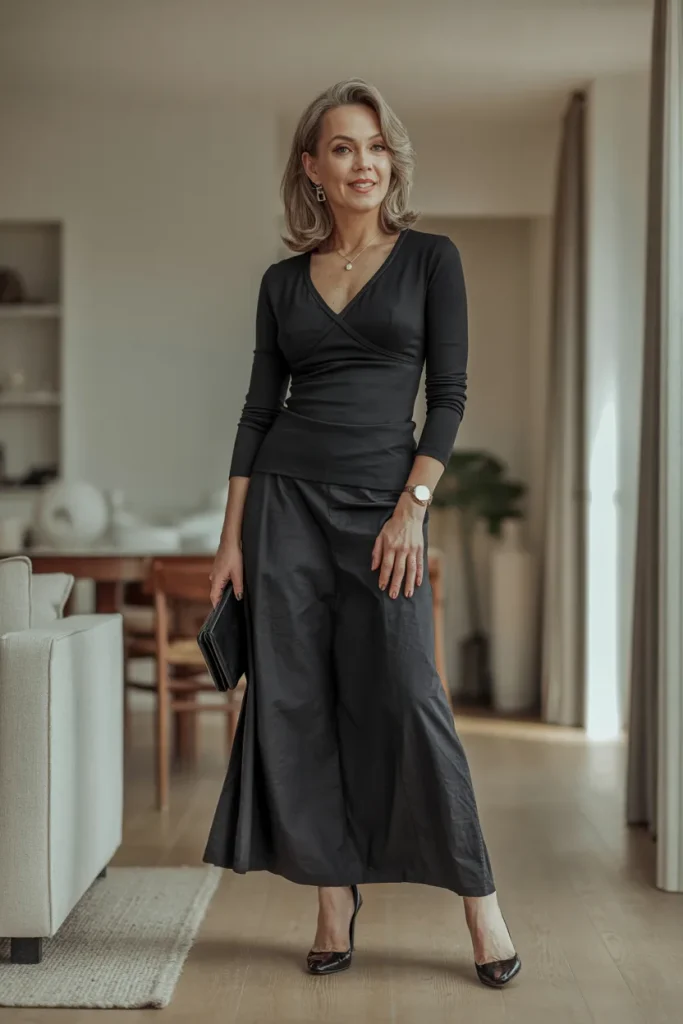 Black Skinny V Neck Top with Long Skirt