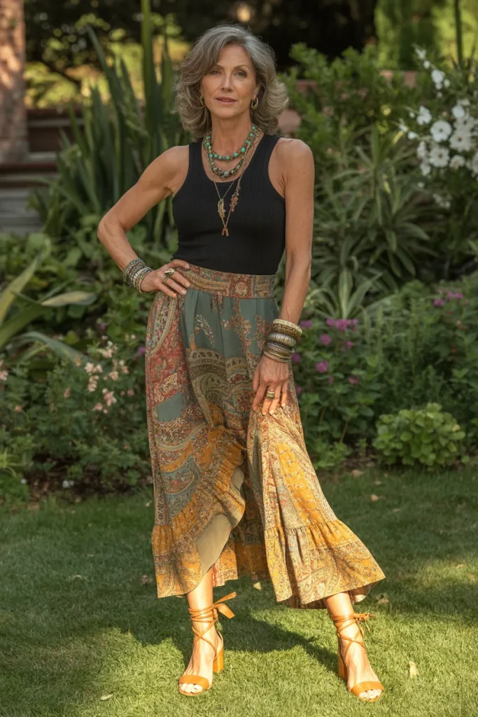 Black Sleeveless Top and Long Printed Boho Style Skirt with Strappy Heels