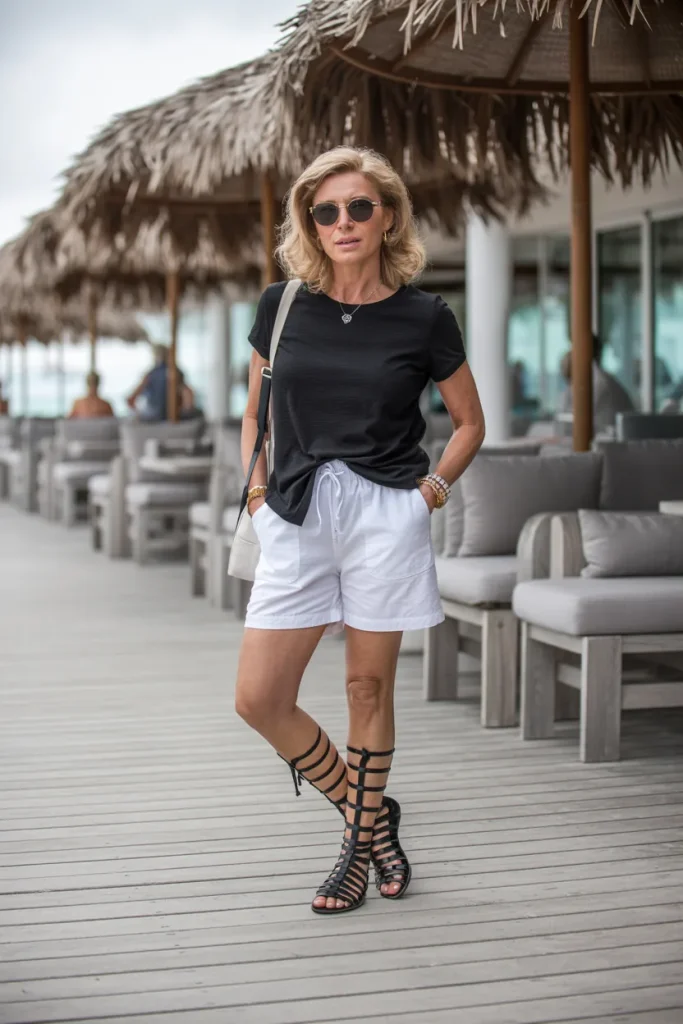 Black T Shirt with White Shorts and Gladiator Sandals