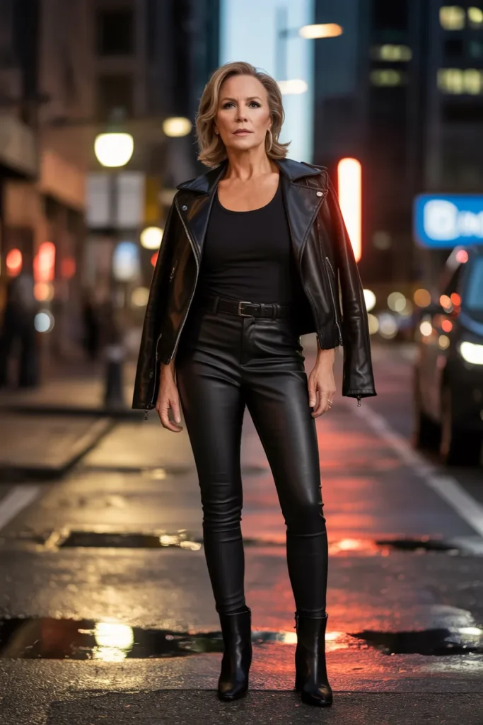 Black Tank Top with Faux Leather Pants and Leather Jacket