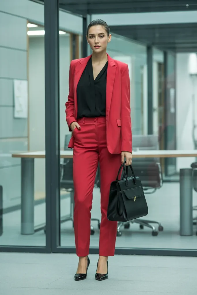 Black Top Over Red Suit Pant with Pumps and Office Wear Bag