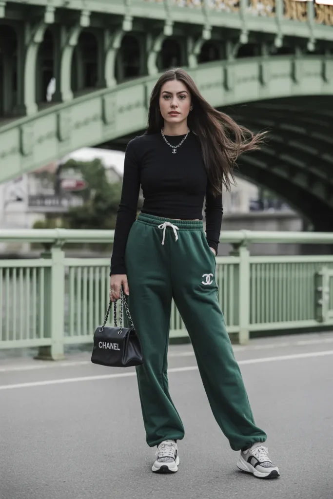 Black Top with Dark Green Sweatpants Chanel Bag