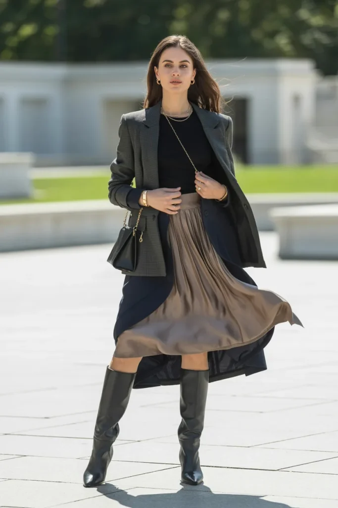 Black Top with Skirt Over Elegant Blazer and Knee-Length Ankle Boots