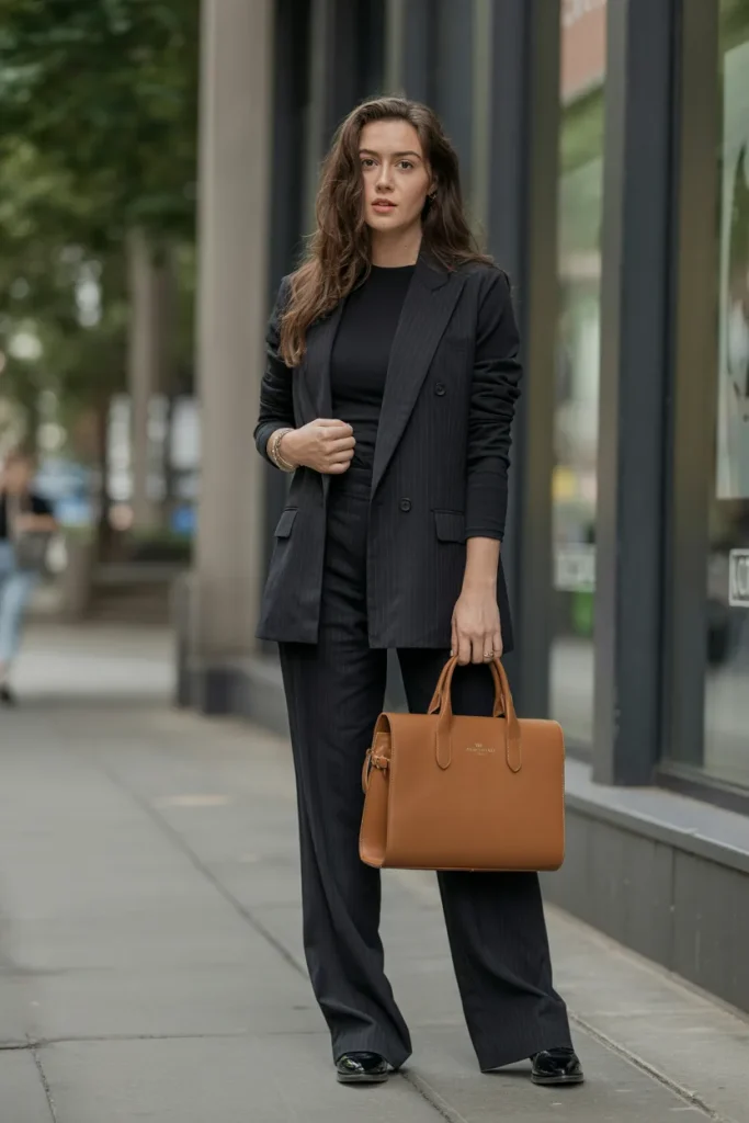 Black Top with Suit Dress and Leather Bag