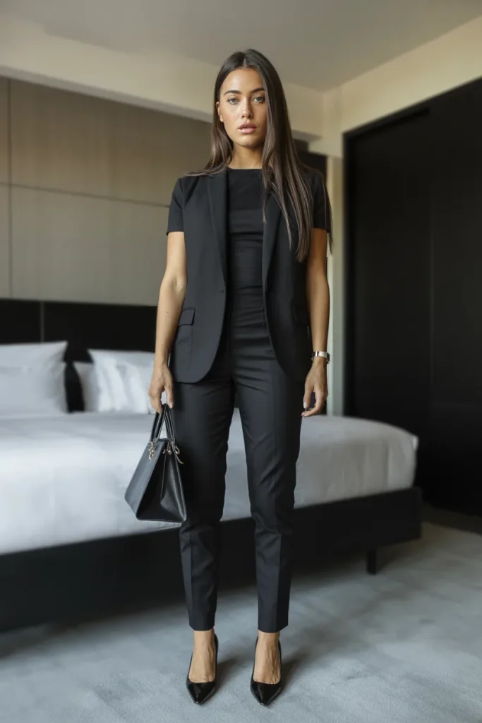 Black Top with Tailored Suit Pant and Pumps