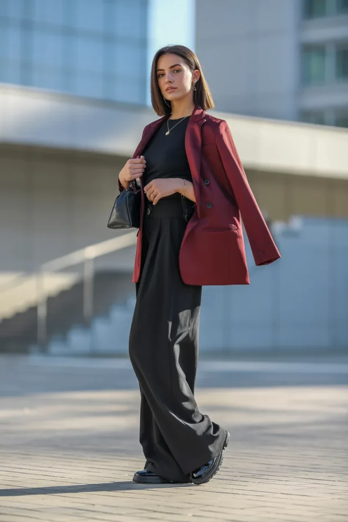 Black Top with Wide Pants Over Maroon Blazer