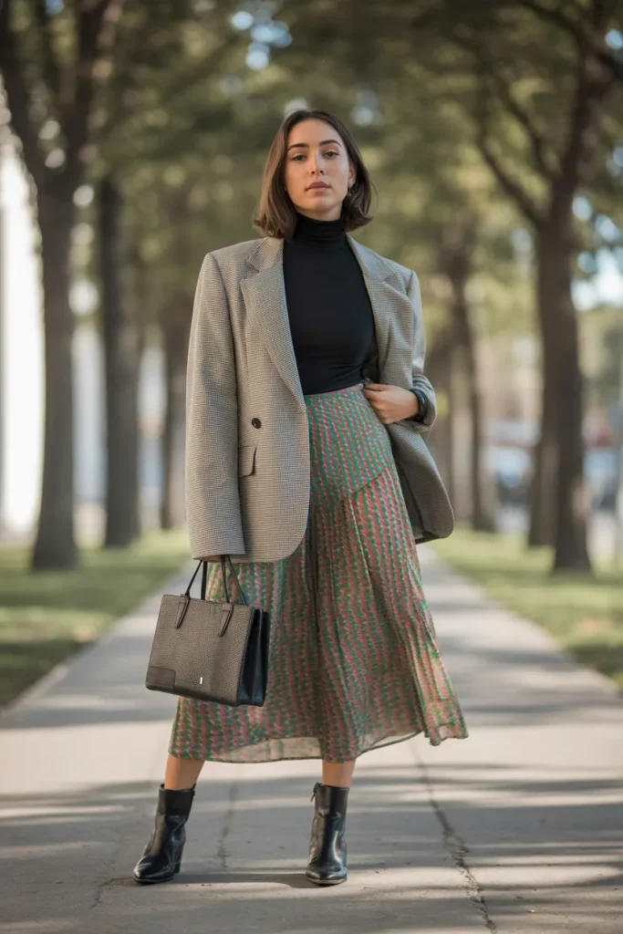 Black Turtle Neck Top with Printed Skirt Over Blazer 1