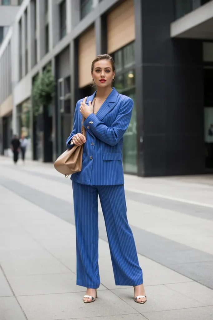 Blue and White Color Suit Pant with Open Toe Heels