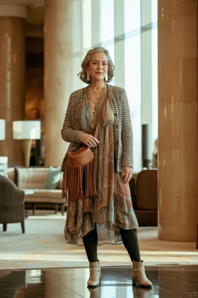 Boho Jacket and Printed Dress with Leggings