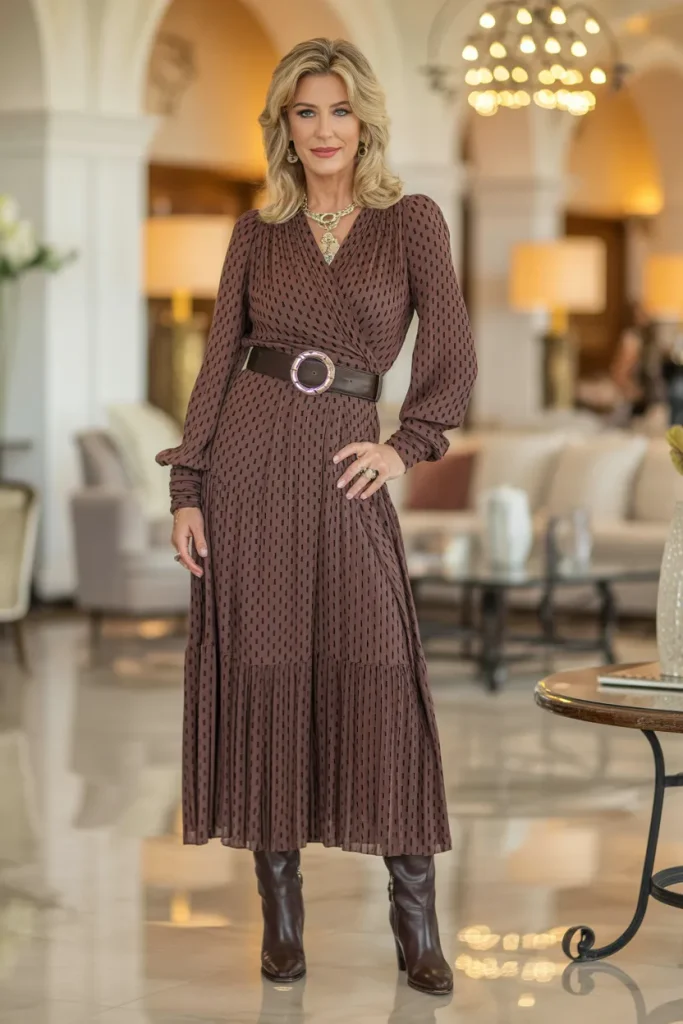 Boho Style Belted Long Wrap Dress with Knee Length Boot