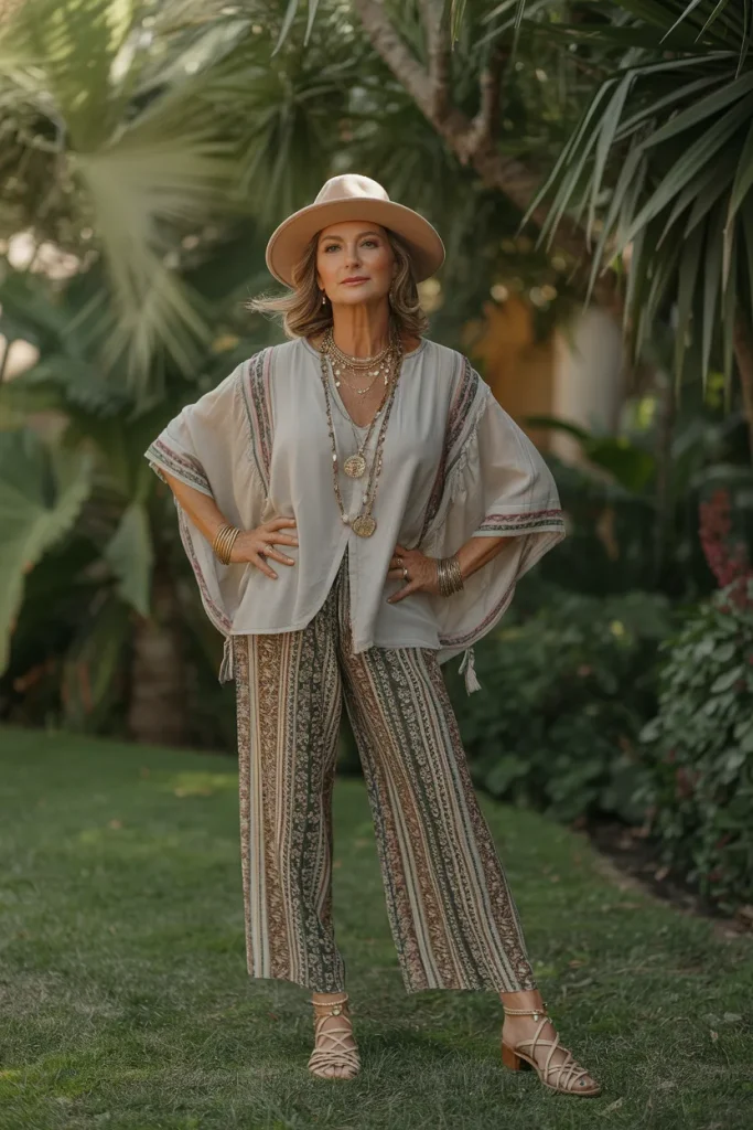 Boho Style Blouse with Printed Pants and Hat