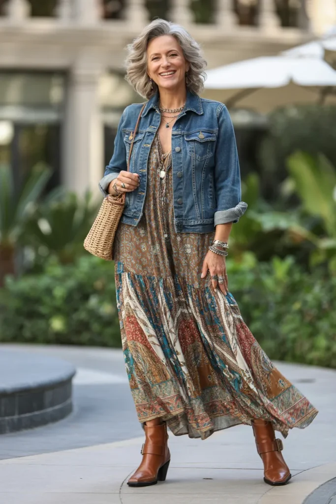 Boho Style Long Dress Over Denim Jacket and Ankle Boot