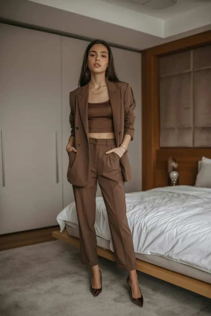 Brown Top Over Single Breasted Suit Pant with Pumps