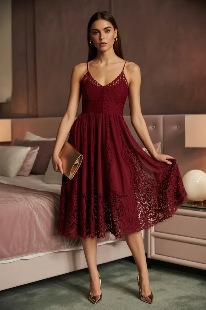 Burgundy Mesh Lace Spaghetti Dress