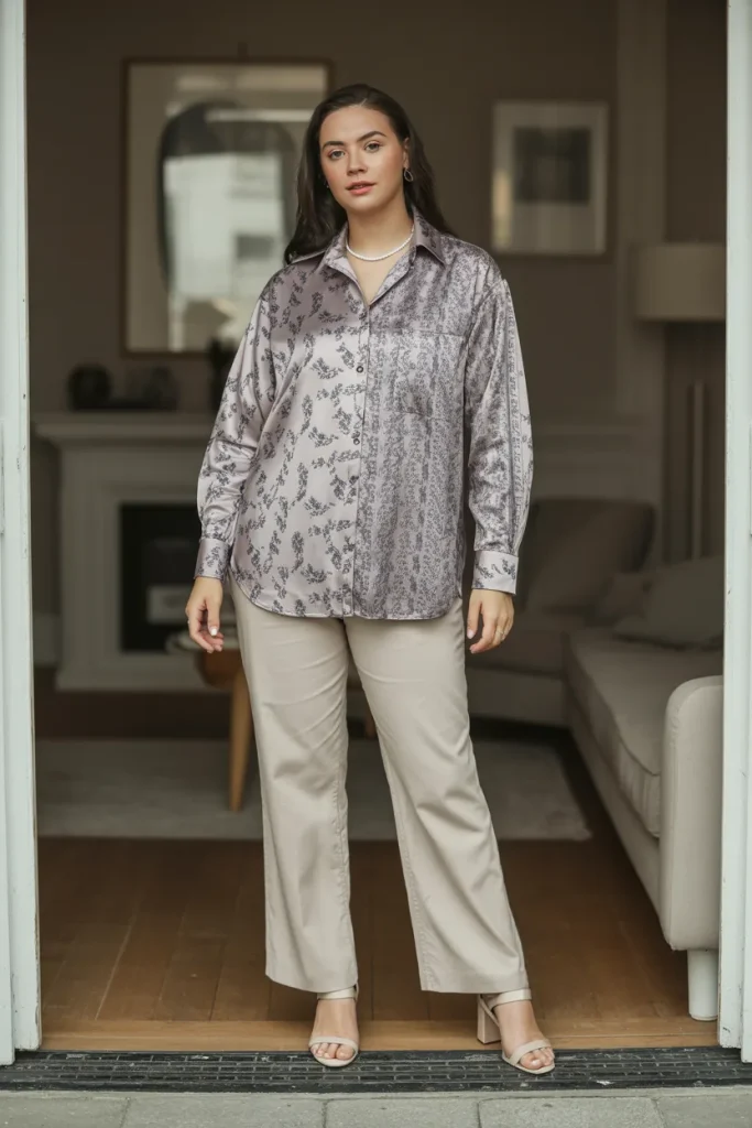 Button Down Printed Shirt with Straight Pant Heel Sandal