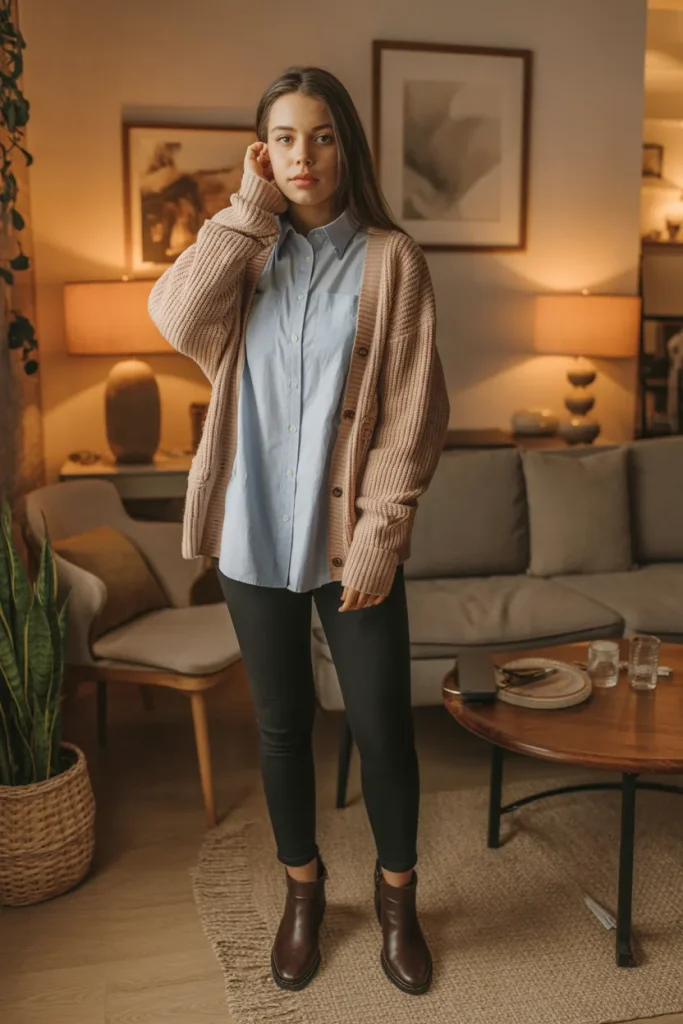 Button Down Shirt with Cardigan and Skinny Pant