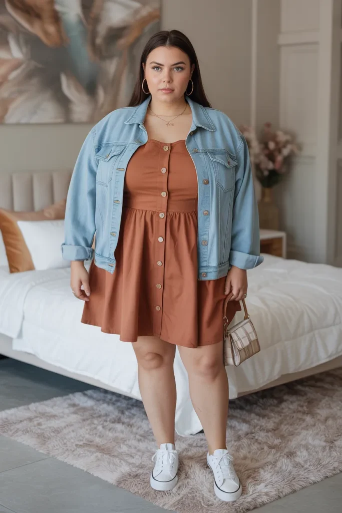 Button Mini Dress with Denim Jacket for Plus Size Women