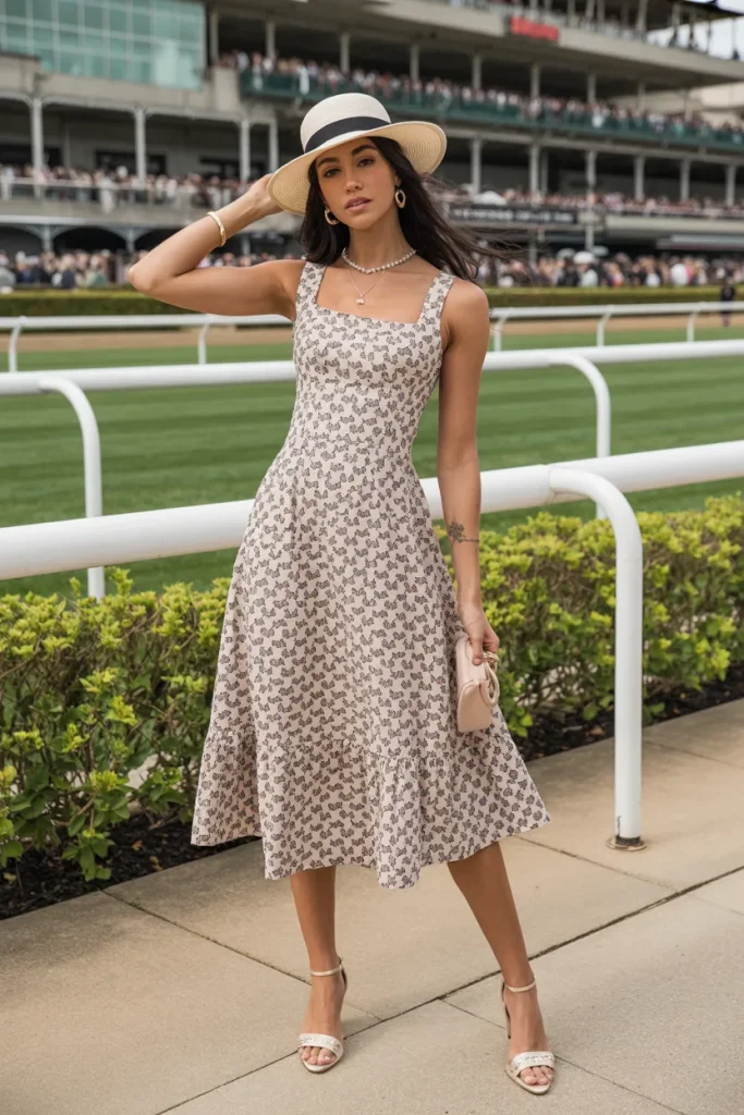 Celebrity Inspired Square Neck Flower Printed Midi Dress with Ankle Heels 1
