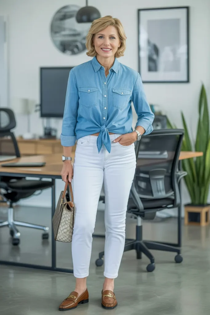 Chambray Shirt with White Jeans