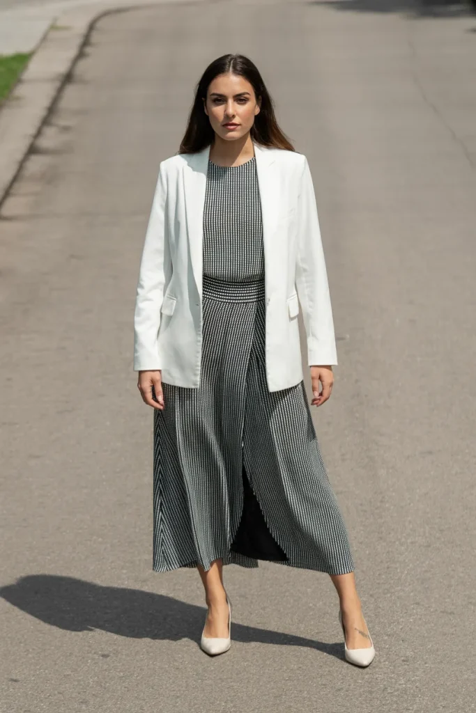 Check Top with Wrap Skirt Over White Formal Blazer